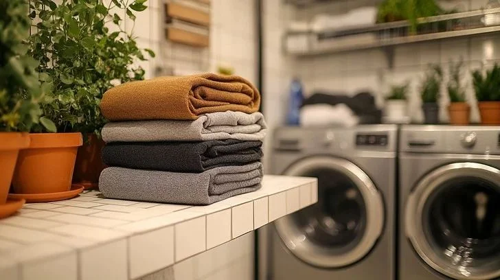 Freshly folded towels beside washing machines
